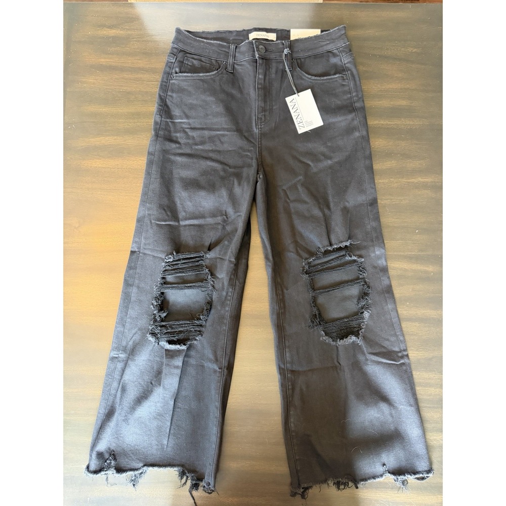 Zenana Black Distressed Wide Leg Jeans NWT Size Large Raw Hem High Rise Raw Edge